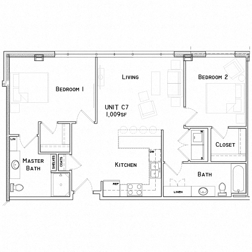 Floor plan for 2 beds, 2 baths, 1009 sqft